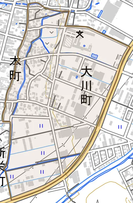 大川町とその周辺の地図。町の範囲を重ねている