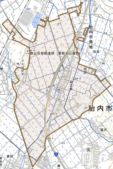 近江新とその周辺の地図。町の範囲を重ねている