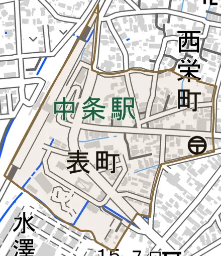 表町とその周辺の地図。町の範囲を重ねている