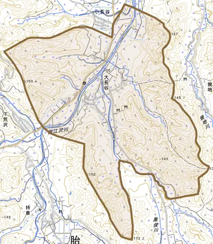 大長谷とその周辺の地図。町の範囲を重ねている