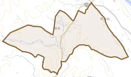 坂井とその周辺の地図。町の範囲を重ねている