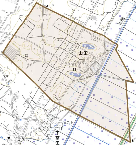 山王とその周辺の地図。町の範囲を重ねている
