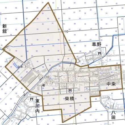 柴橋とその周辺の地図。町の範囲を重ねている