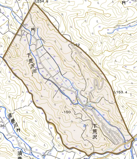 下荒沢とその周辺の地図。町の範囲を重ねている