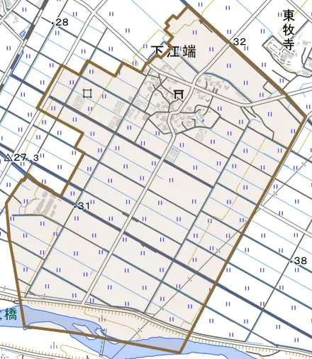 下江端とその周辺の地図。町の範囲を重ねている