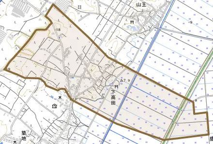 下高田とその周辺の地図。町の範囲を重ねている