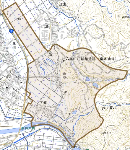下館とその周辺の地図。町の範囲を重ねている