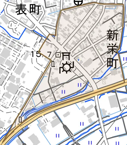 新栄町とその周辺の地図。町の範囲を重ねている