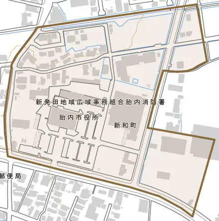 新和町とその周辺の地図。町の範囲を重ねている
