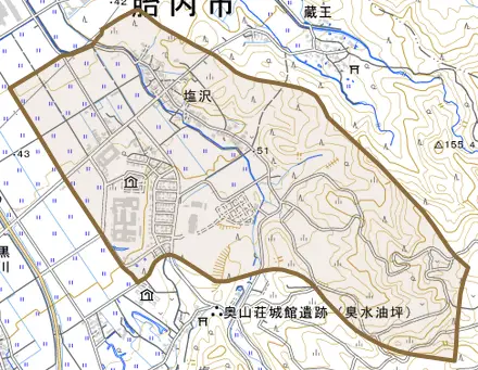 塩沢とその周辺の地図。町の範囲を重ねている