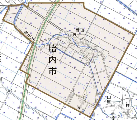 菅田とその周辺の地図。町の範囲を重ねている