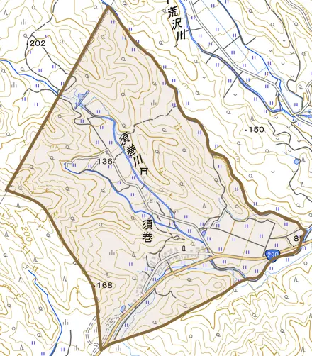須巻とその周辺の地図。町の範囲を重ねている