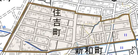 住吉町とその周辺の地図。町の範囲を重ねている