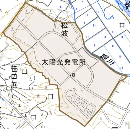 松波とその周辺の地図。町の範囲を重ねている
