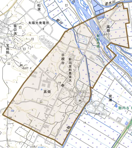 高畑とその周辺の地図。町の範囲を重ねている