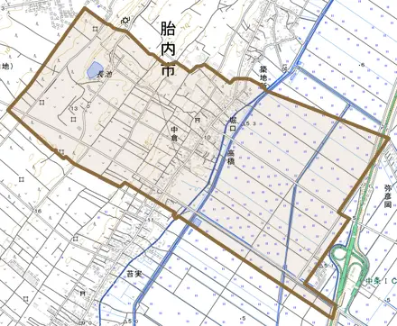 高橋とその周辺の地図。町の範囲を重ねている