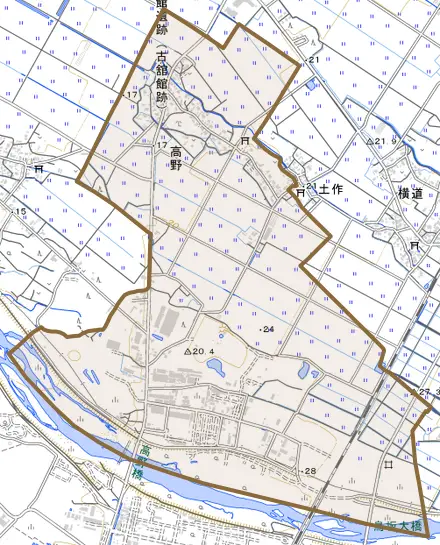 高野とその周辺の地図。町の範囲を重ねている