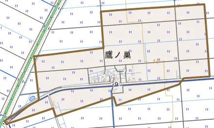 鷹ノ巣とその周辺の地図。町の範囲を重ねている