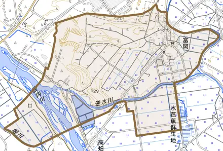 富岡とその周辺の地図。町の範囲を重ねている
