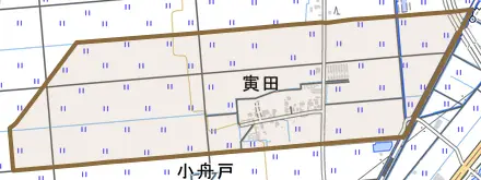 寅田とその周辺の地図。町の範囲を重ねている