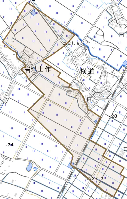 土作とその周辺の地図。町の範囲を重ねている