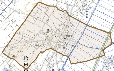 築地とその周辺の地図。町の範囲を重ねている