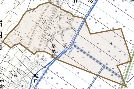 築地新とその周辺の地図。町の範囲を重ねている