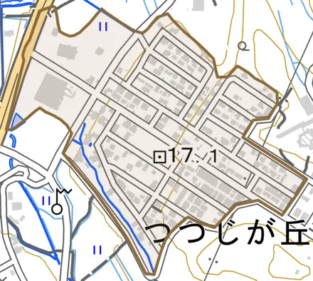 つつじが丘とその周辺の地図。町の範囲を重ねている