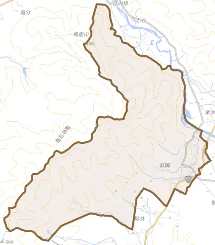 鼓岡とその周辺の地図。町の範囲を重ねている