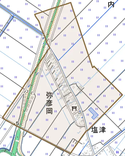 弥彦岡とその周辺の地図。町の範囲を重ねている