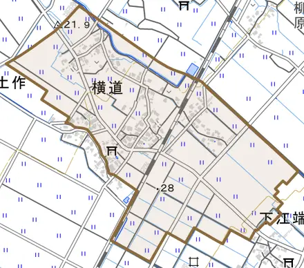 横道とその周辺の地図。町の範囲を重ねている