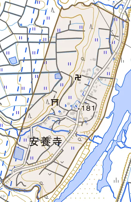 安養寺とその周辺の地図。町の範囲を重ねている