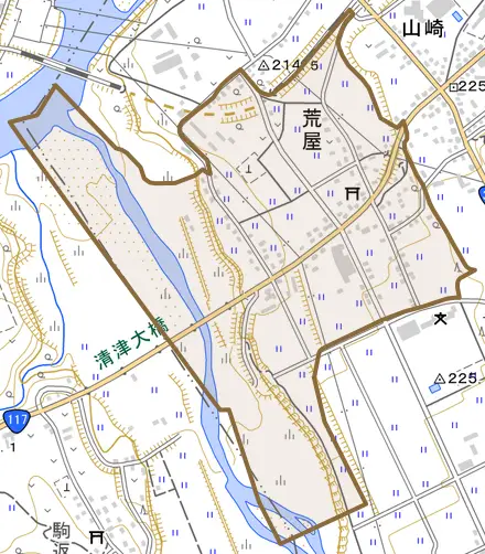 荒屋とその周辺の地図。町の範囲を重ねている