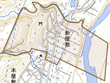 新屋敷とその周辺の地図。町の範囲を重ねている