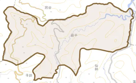 莇平とその周辺の地図。町の範囲を重ねている