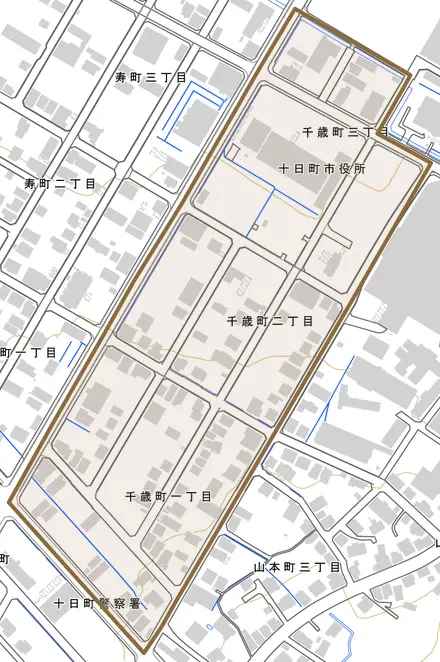 千歳町とその周辺の地図。町の範囲を重ねている