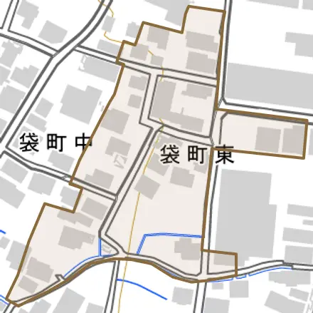袋町東とその周辺の地図。町の範囲を重ねている