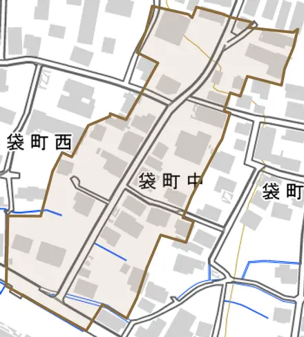袋町中とその周辺の地図。町の範囲を重ねている