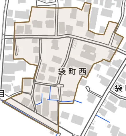 袋町西とその周辺の地図。町の範囲を重ねている