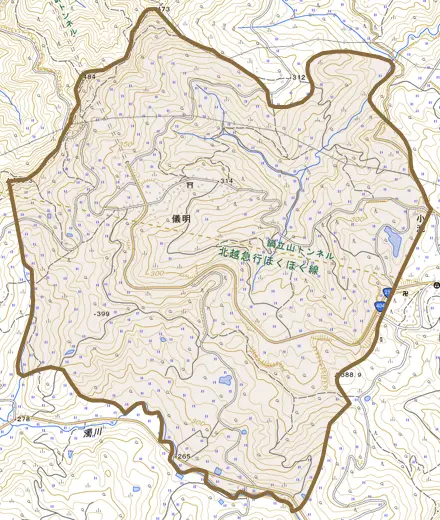儀明とその周辺の地図。町の範囲を重ねている