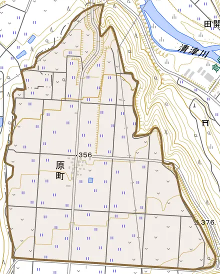 原町とその周辺の地図。町の範囲を重ねている