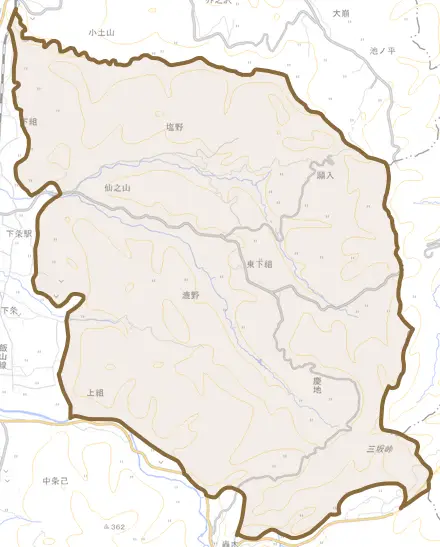 東下組とその周辺の地図。町の範囲を重ねている