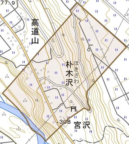 朴木沢とその周辺の地図。町の範囲を重ねている