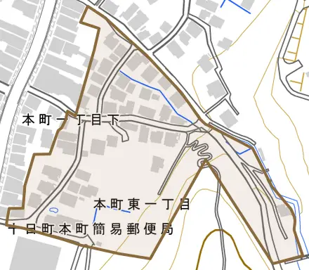 本町東とその周辺の地図。町の範囲を重ねている