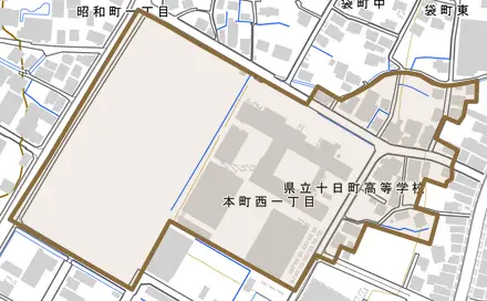 本町西とその周辺の地図。町の範囲を重ねている