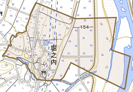 堀之内とその周辺の地図。町の範囲を重ねている