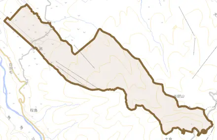 市之越とその周辺の地図。町の範囲を重ねている