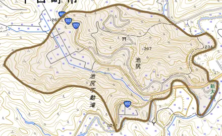 池尻とその周辺の地図。町の範囲を重ねている