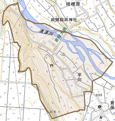 芋川とその周辺の地図。町の範囲を重ねている