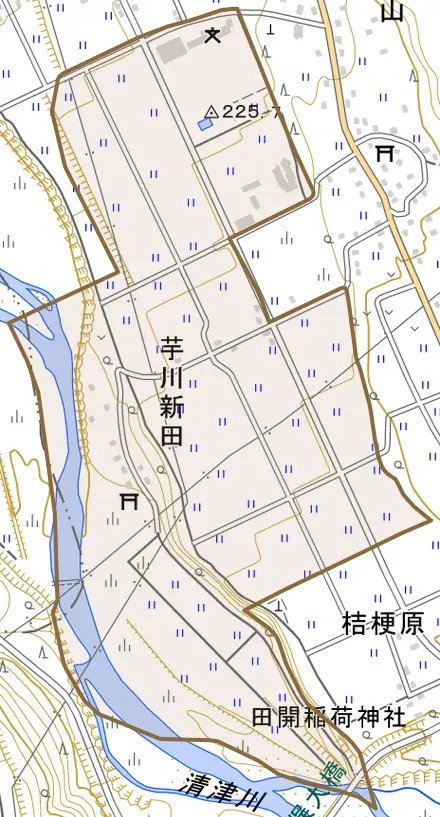 芋川新田とその周辺の地図。町の範囲を重ねている